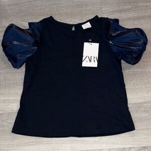 Girls Zara Navy Blue Tee with Navy Puff Sheer Sleeves